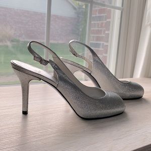 Stuart Weirzman Silver Glitter Peep Toe Heels